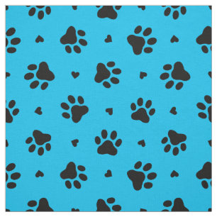 Black and Blue Dog Paw Prints and Hearts Pattern Fabric
