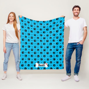 Black and Blue Dog Paw Prints and Hearts Pattern Fleece Blanket