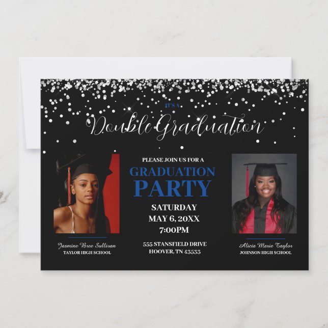 Black and Blue Double Graduation Invitation (Front)