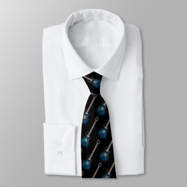Black And Blue Electric Guitar Pattern Tie (Tied)