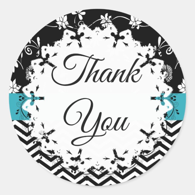 Black and Blue Floral Thank You Stickers (Front)