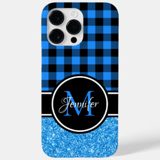 Black and Blue Glitter Buffalo Plaid Monogram Case-Mate iPhone 14 Pro Max Case