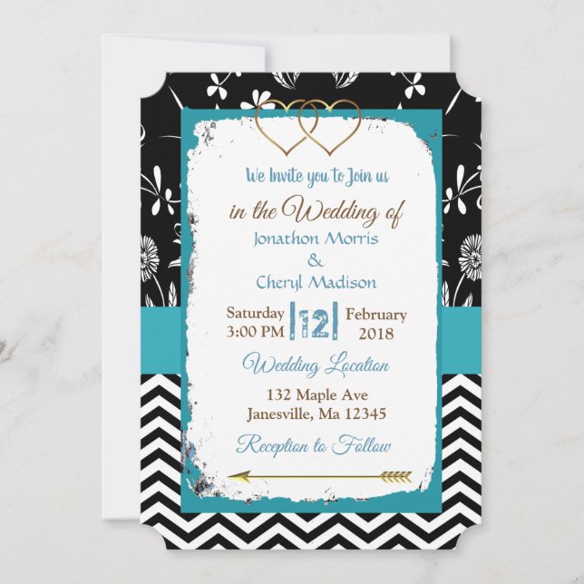 Black and Blue Gold Hearts Wedding Invitation (Front)