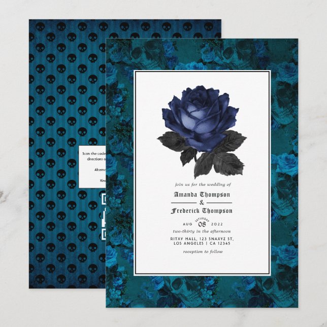 Black and Blue Gothic Floral QR Code RSVP Wedding Invitation (Front/Back)