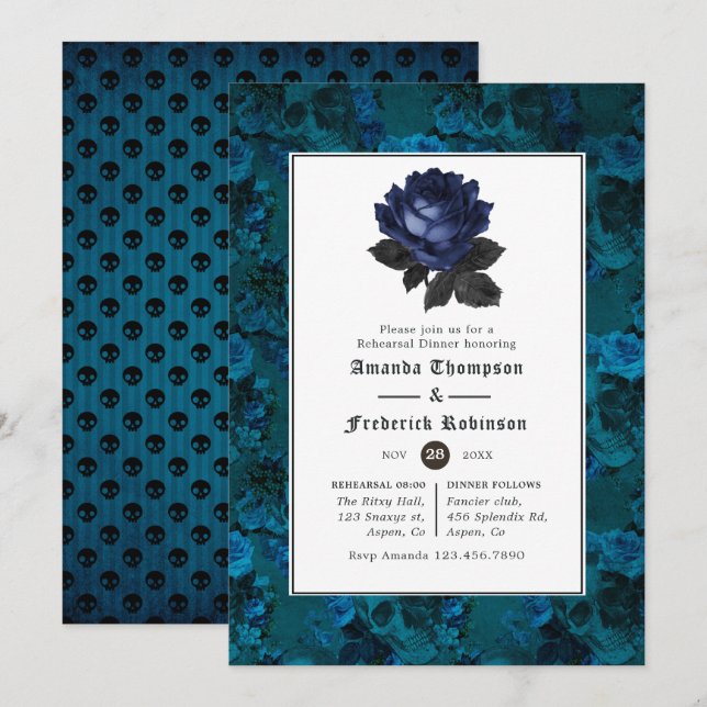 Black and Blue Gothic Floral Rehearsal Dinner Invitation (Front/Back)