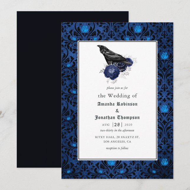 Black and Blue Gothic Floral Wedding Invitation (Front/Back)