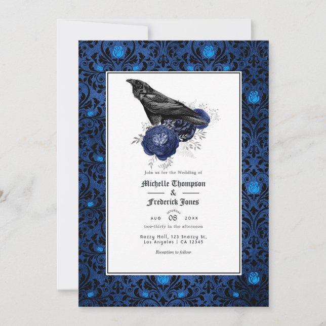 Black and Blue Gothic Floral Wedding Invitation (Front)