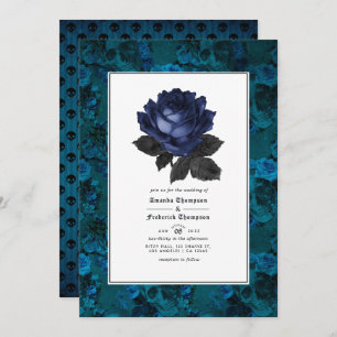 Black and Blue Gothic Floral Wedding Photo Invitation