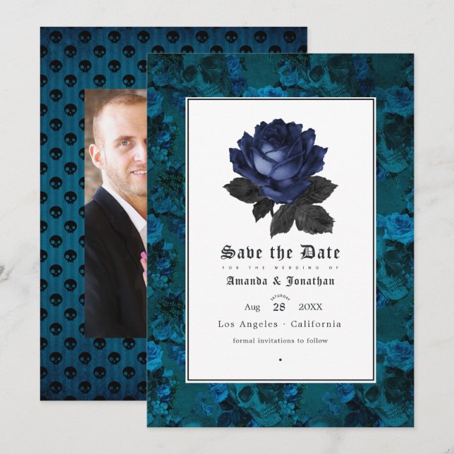 Black and Blue Gothic Floral Wedding Photo Save The Date (Front/Back)