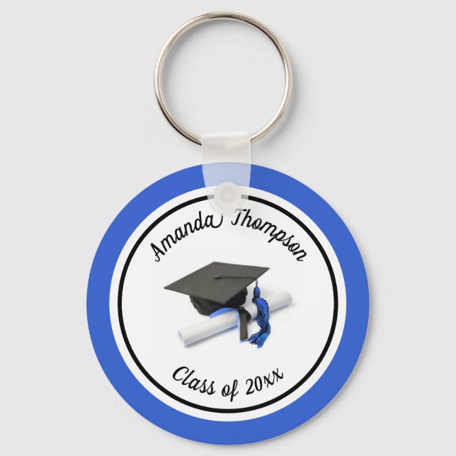 Black and Blue Graduation Cap and Tassel Key Ring (Front)