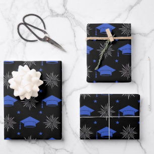 Black and Blue Graduation Cap Pattern Wrapping Paper Sheet