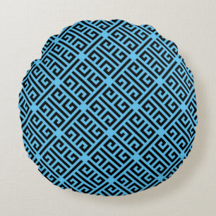 Black and Blue Greek Key Pattern Round Cushion