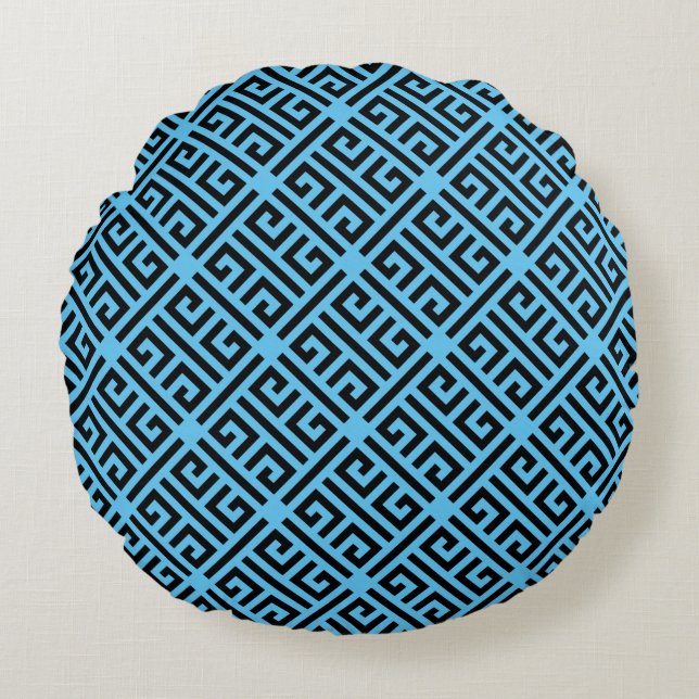Black and Blue Greek Key Pattern Round Cushion (Front)