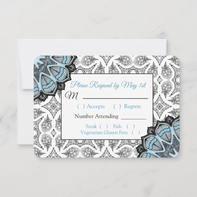 Black and Blue Mandala Wedding RSVP card (Front)