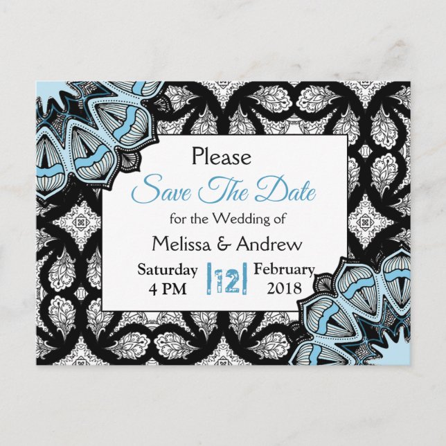 Black and Blue Mandala Wedding Save the Date Announcement Postcard (Front)
