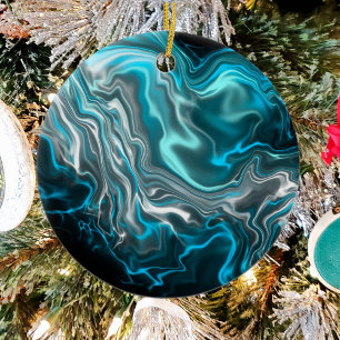 Black and Blue Marble Fluid Art Personalised  Ceramic Tree Decoration