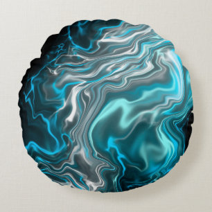 Black and Blue Marble Fluid Art Round Cushion