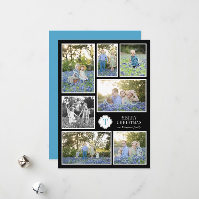 Black and Blue Monogramed Seven Photo Holiday Card (Front/Back In Situ)