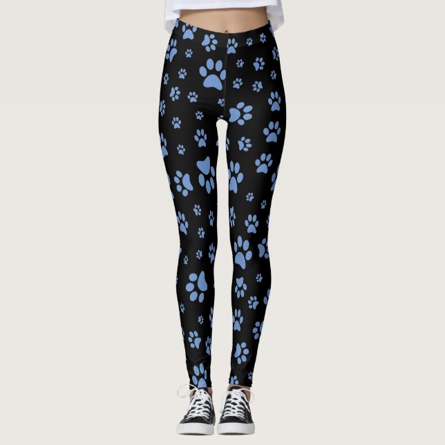 Black and Blue Paw Print Ladies Yoga Pants (Front)