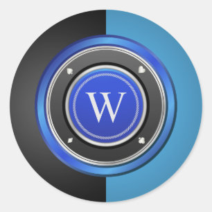 Black and Blue Poker Chip with Custom Monogram Classic Round Sticker