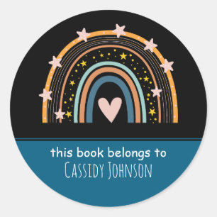 Black and blue rainbow kids name  classic round sticker