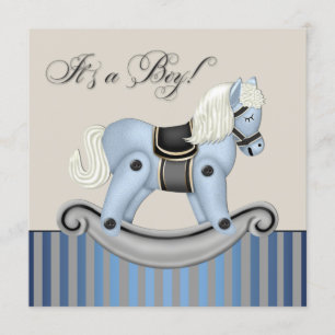 Black and Blue Rocking Horse Baby Shower Invitation