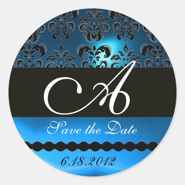 BLACK AND BLUE SAPPHIRE DAMASK MONOGRAM, CLASSIC ROUND STICKER (Front)