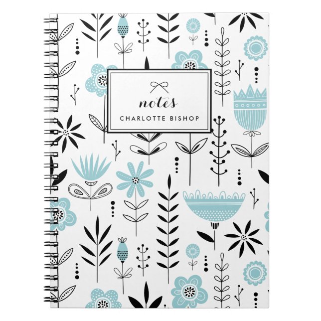 Black and Blue Scandinavian Floral Pattern Notebook (Front)