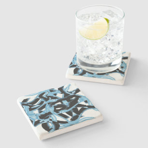 Black and blue scraps or tapes being destroyed stone coaster