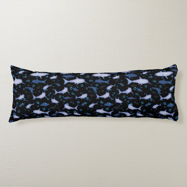 Black and Blue Shark Silhouette Pattern Body Cushion (Front)