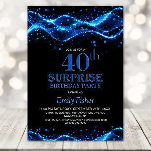 Black and Blue Surprise 40th Birthday Party Invitation