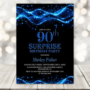 Black and Blue Surprise 90th Birthday Party Invitation