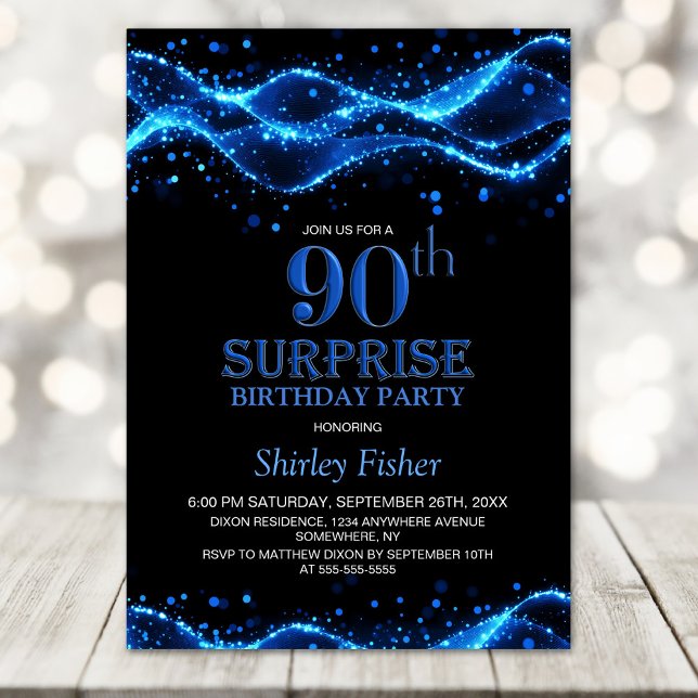 Black and Blue Surprise 90th Birthday Party Invitation (Creator Uploaded)