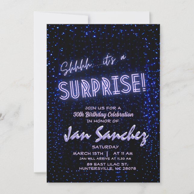 Black and blue surprise invitation with QR code (Front)