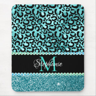 Black and Blue Teal Leopard Girly Glam Monogram Mouse Mat