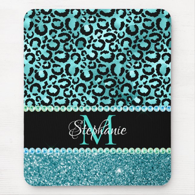 Black and Blue Teal Leopard Girly Glam Monogram Mouse Mat (Front)