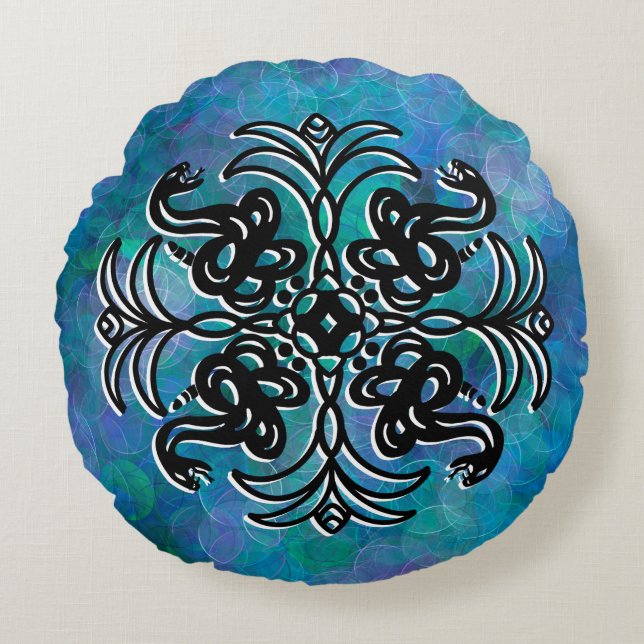 Black and Blue Tribal Snake Mandala   Round Cushion (Front)