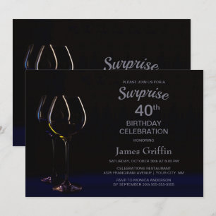 Black and Blue Wine Glass Surprise 40th Birthday Invitation