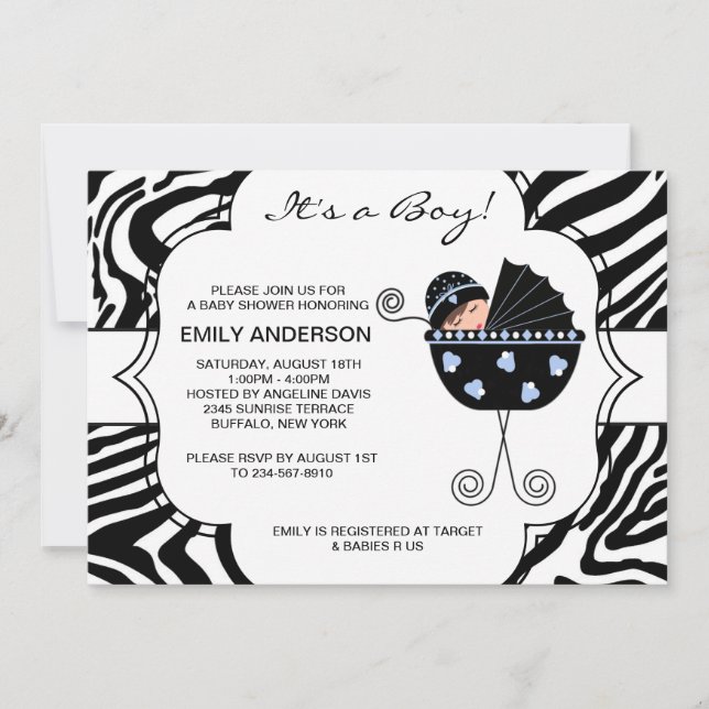 Black and Blue Zebra Baby Boy Shower Invitation (Front)
