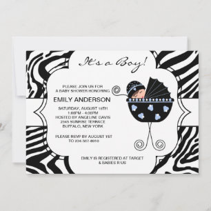 Black and Blue Zebra Baby Boy Shower Invitation