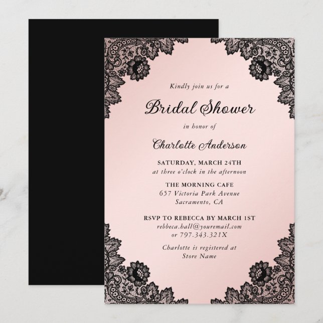 Black and Blush Floral Lace Bridal Shower Invitation (Front/Back)