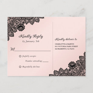 Black and Blush Floral Lace Rustic Wedding RSVP Invitation Postcard