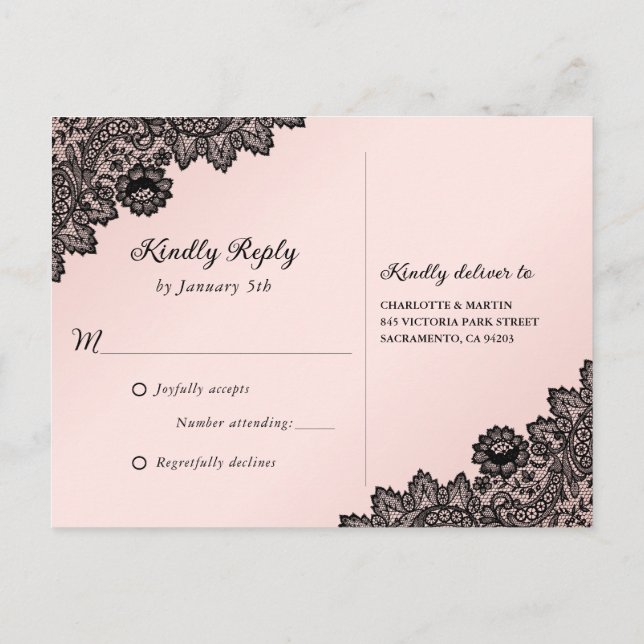 Black and Blush Floral Lace Rustic Wedding RSVP Invitation Postcard (Back)