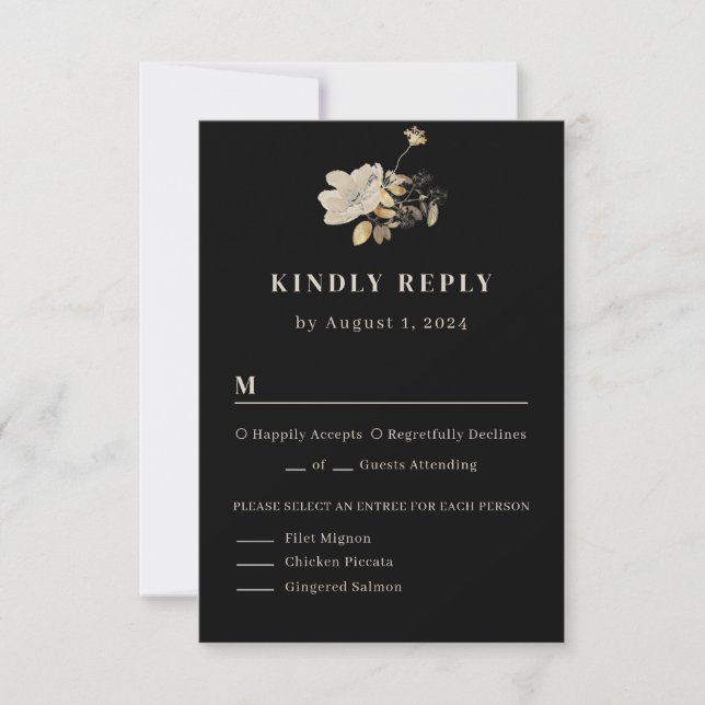 Black and Blush Floral Monogram Wedding RSVP Card (Front)