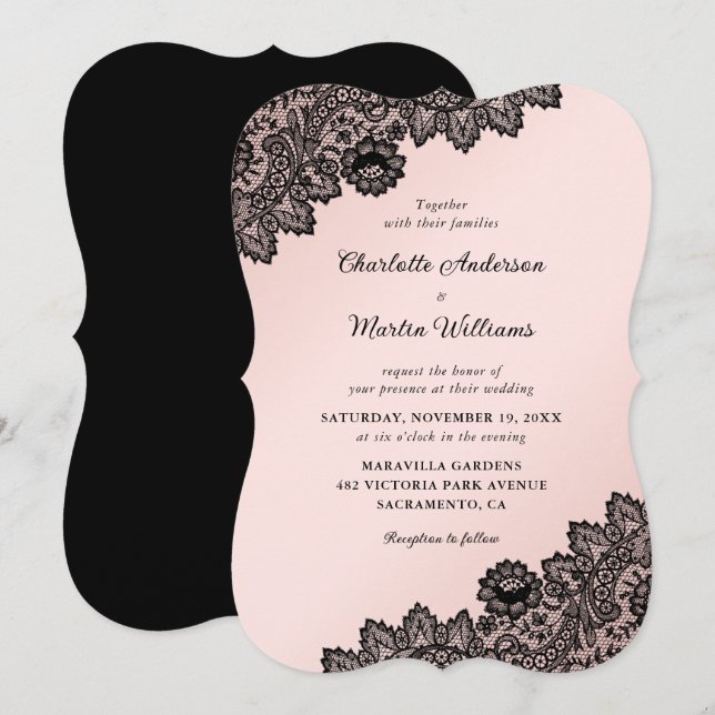 Black and Blush Pink Floral Lace Wedding Invitation (Front/Back)