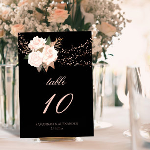 Black and Blush Pink Floral String Lights Wedding Table Number