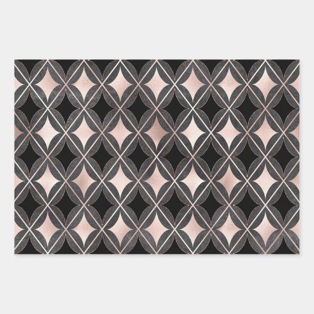 Black and Blush Pink Geometric Wrapping Paper Sheet (Front)