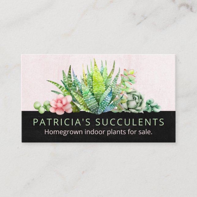 Black And Blush Pink Homegrown Succulent Plant Business Card (Front)