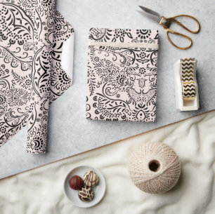 Black and Blush Pink Mehndi Paisley Indian Pattern Wrapping Paper