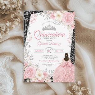 Black and Blush Pink Quinceañera Silver Butterfly Invitation